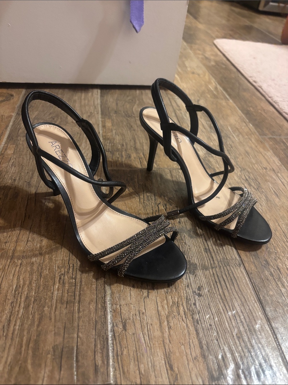 AREZZO Black Strappy Stiletto Sandals with Crystal Accent